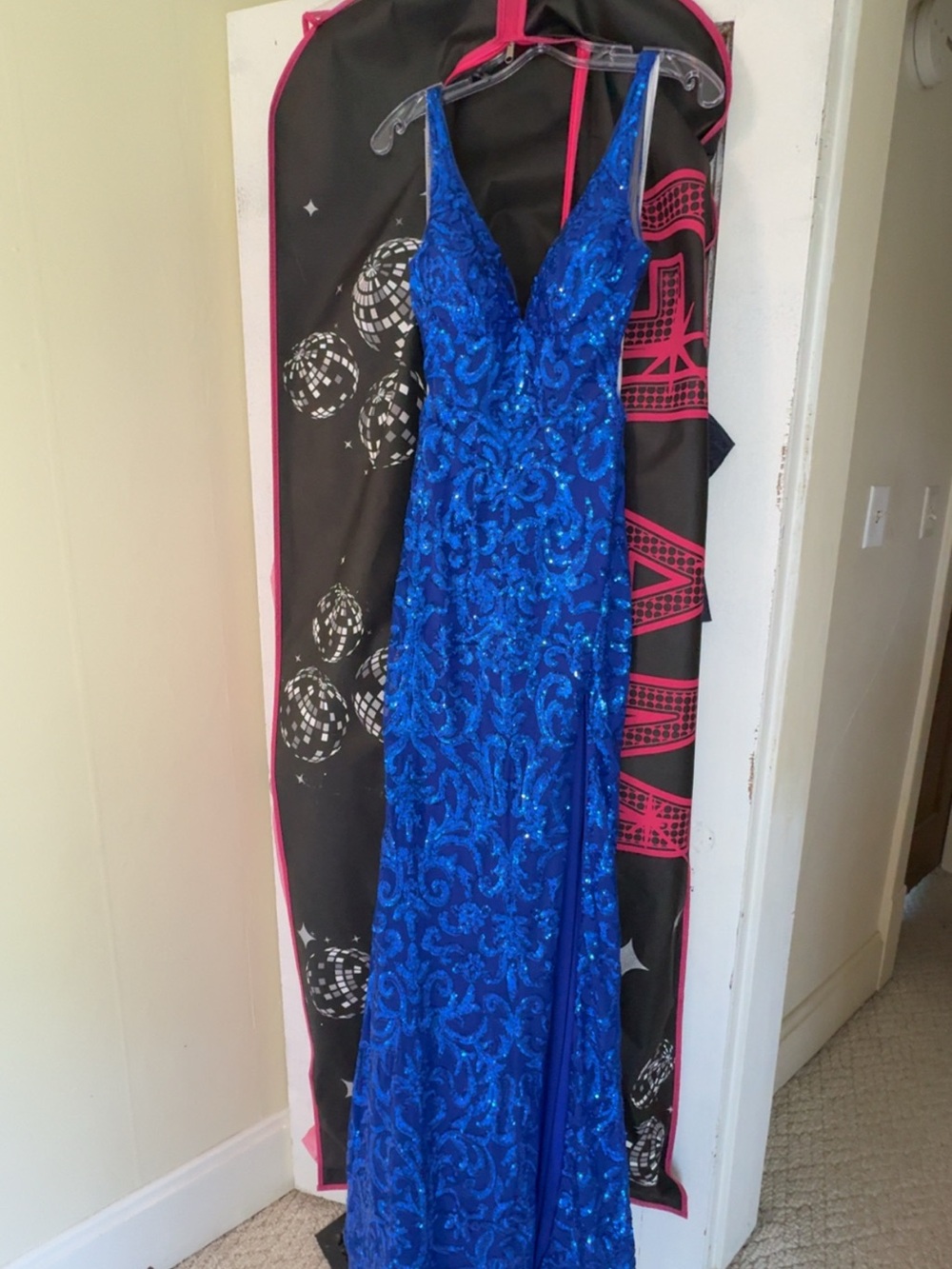 Royal Blue Sequin V-Neck Prom Gown with Open Back